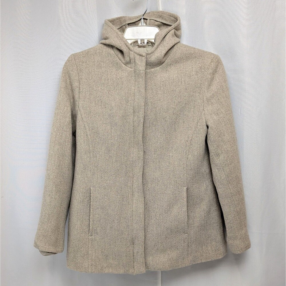 Gap Beige Wool Blend Quilt Lined Full Zip Mid Length Hooded Coat Women's Large
